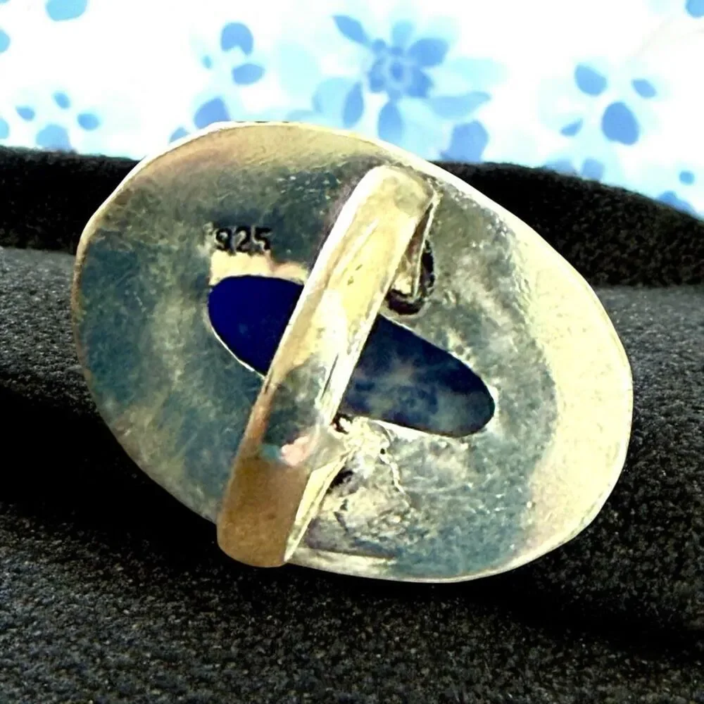 Stunning Sodalite Statement Boho Silver Ring Oval Framed Size 8.5 New